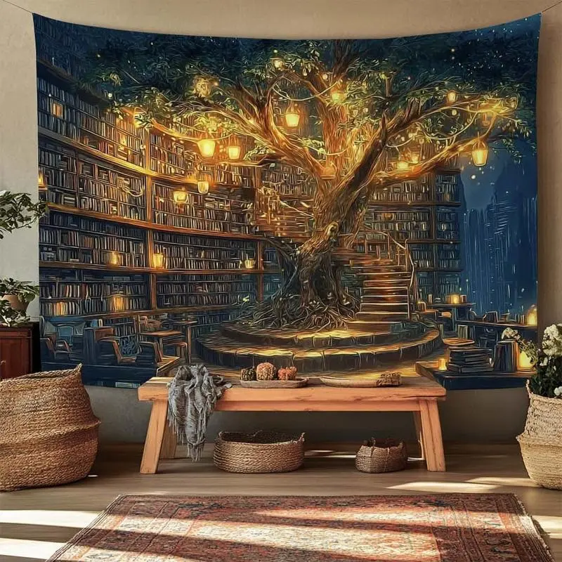 Magical Tree-Library Design Wall Tapestry, Lightweight Decorative Indoor Home Decor for Living Room, Large Aesthetic Hanging Art Background Cloth