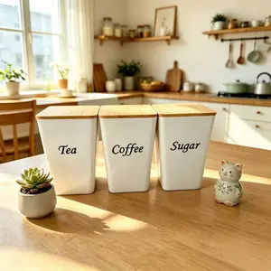 3-Piece Coffee Sugar Tea Canisters, Creative Minimalist Design, Good Sealing, Durable, Waterproof Bamboo Lid, Perfect Gift for Ramadan, New Year, Easter