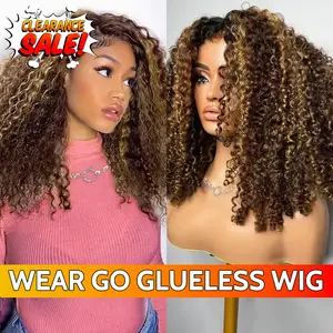 YAWAWE HAIR Wear And Go Glueless Wig Ombre Highlight Mongolian Kinly Curly 7X5 HD Lace Glueless Pre Plucked Human Wigs Ready To Go Human Hair Wigs