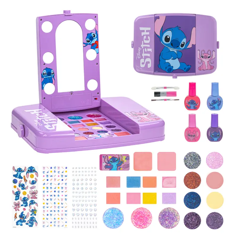 Townley Girl Stitch Compact Makeup Vanity Set with Light-Up Mirror, Glitter Water-Based Peel-Off Nail Polish, Cosmetic Sheet, Lip Gloss, Shimmer Eye Shadow, Brushes, Sticker & Gem Nails - Teen Girls Gifts, Stocking Stuffers