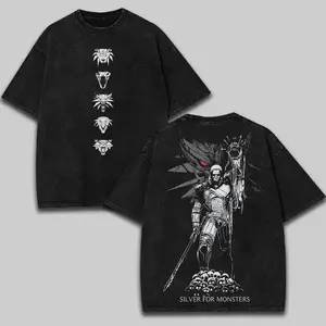 The Witcher Geralt Classic Gaming Graphic T Shirt Acid Wash Oversized Vintage Heavyweight Cotton Tee Dark Fantasy Streetwear Y2K Gym Pump Cover Silver For Monsters Gamer Apparel Loose Fit Casual Summer Top Men Women Trendy Fits