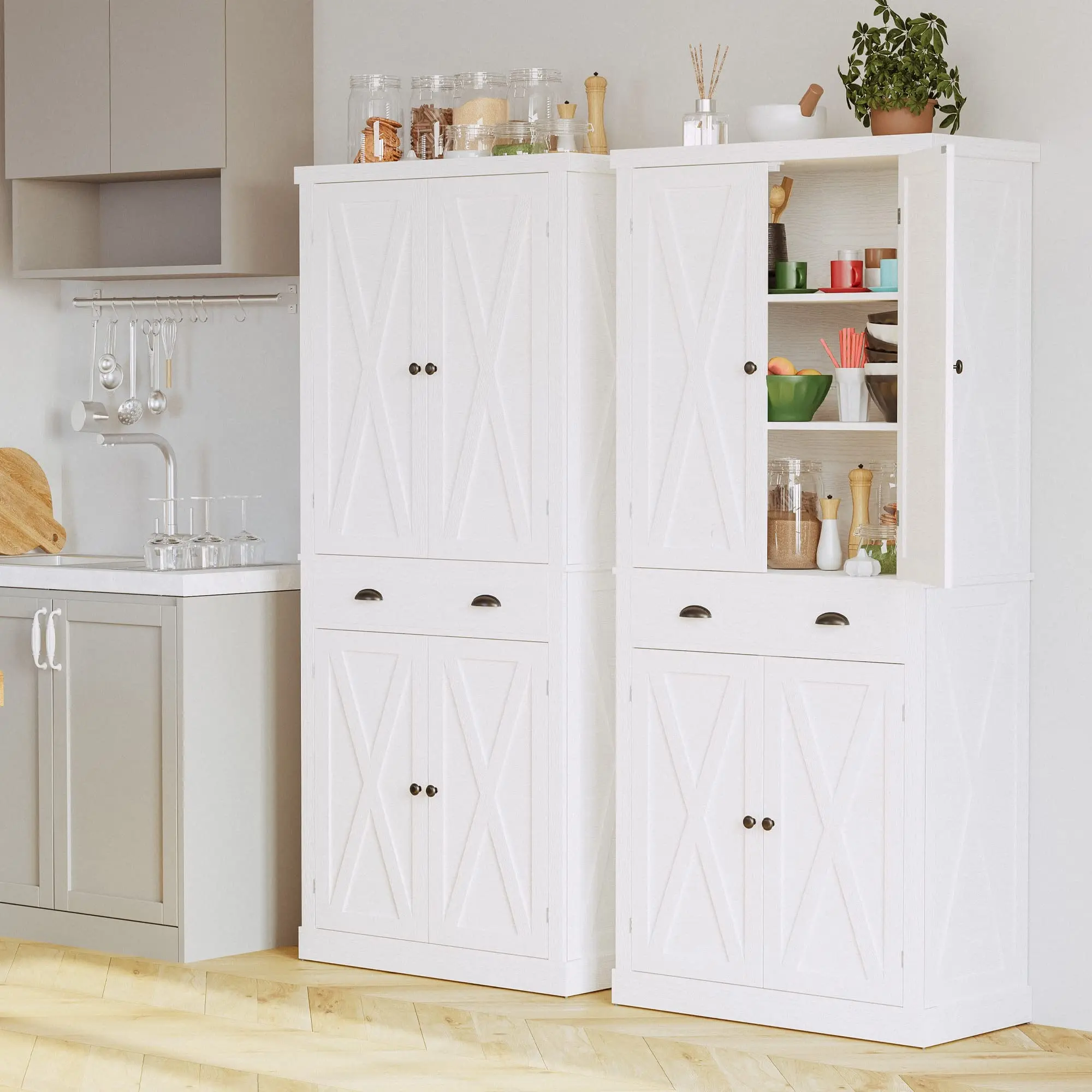 IRONCK Freestanding Kitchen Pantry Storage Cabinet - 72.6" H Floor-to-Ceiling Modern Classic Cross-Shaped Adjustable Floor Cabinet with Barn Doors, Drawer, 4 Adjustable Shelves for Dining Room, Living Room, Floor-To-Ceiling Floor Cabinets, Modern Floor Ca