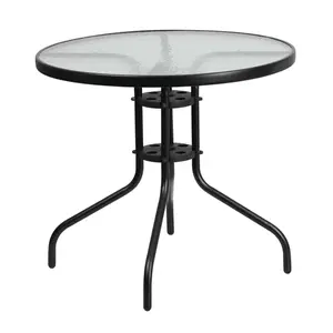 212 MAIN 31.5 in. Round Ripple Tempered Glass Indoor-Outdoor Table, All-Weather Metal Frame Patio Dining Table, Outdoor Living Furniture Piece