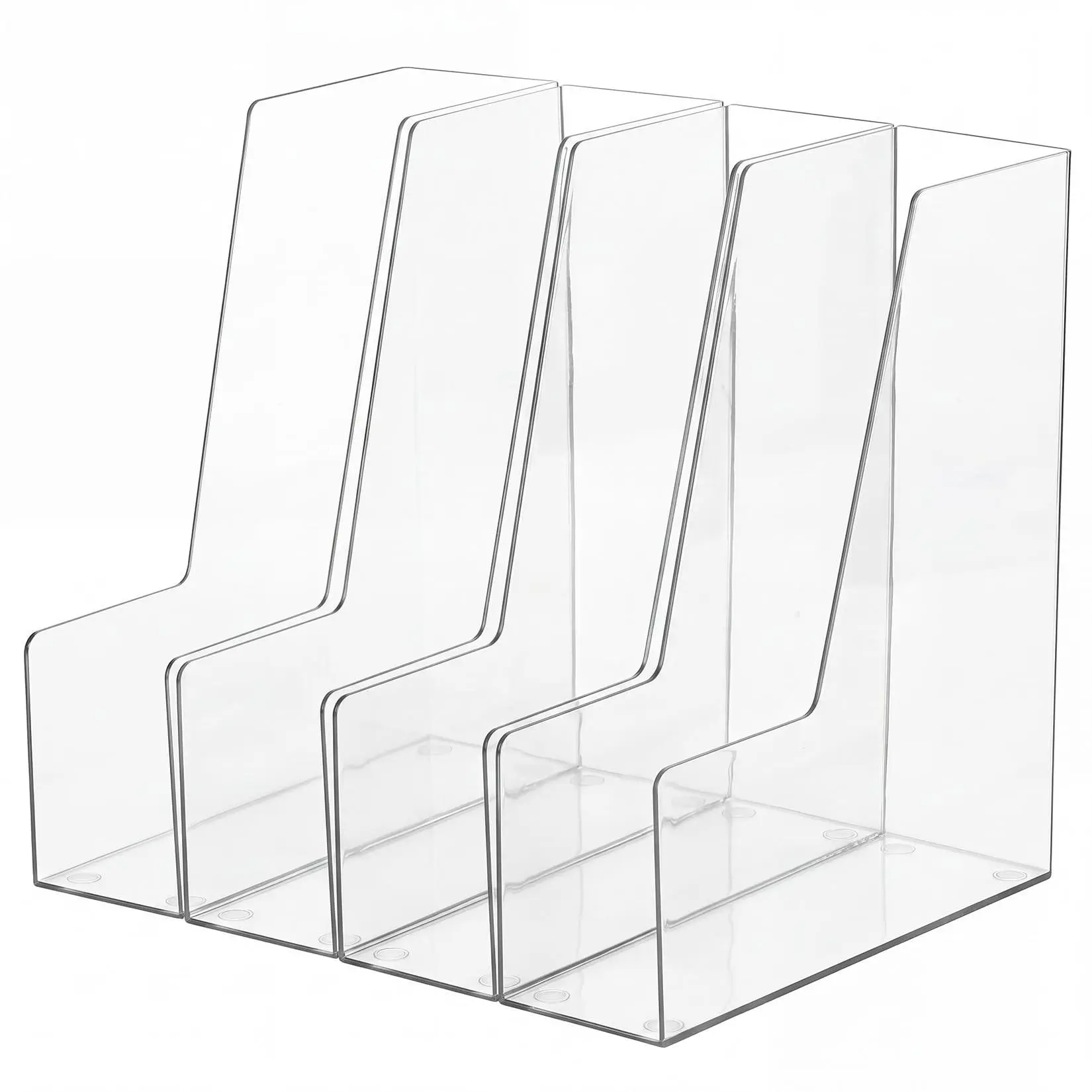 4 Pack Clear PET Vertical File Holder for Desk, Stackable Transparent Magazine Holder, Multi Compartment Office Organization Storage Rack for A4 Paper Folders Books