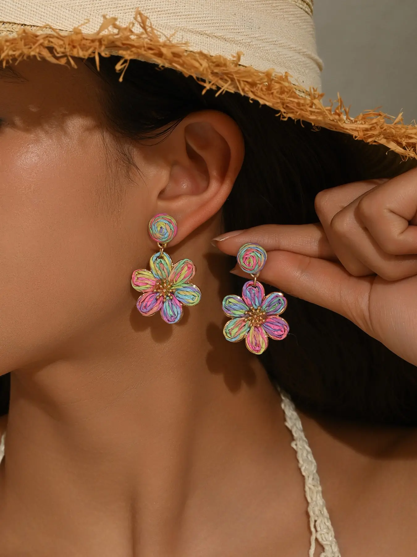 Handwoven Multicolor Raffia Flower Drop Earrings, Rainbow Floral Boho Statement Earrings for Women, Party Festival Earrings, Lightweight Design, Perfect for Summer, Beach Vacations, Festivals, Parties & Daily Wear