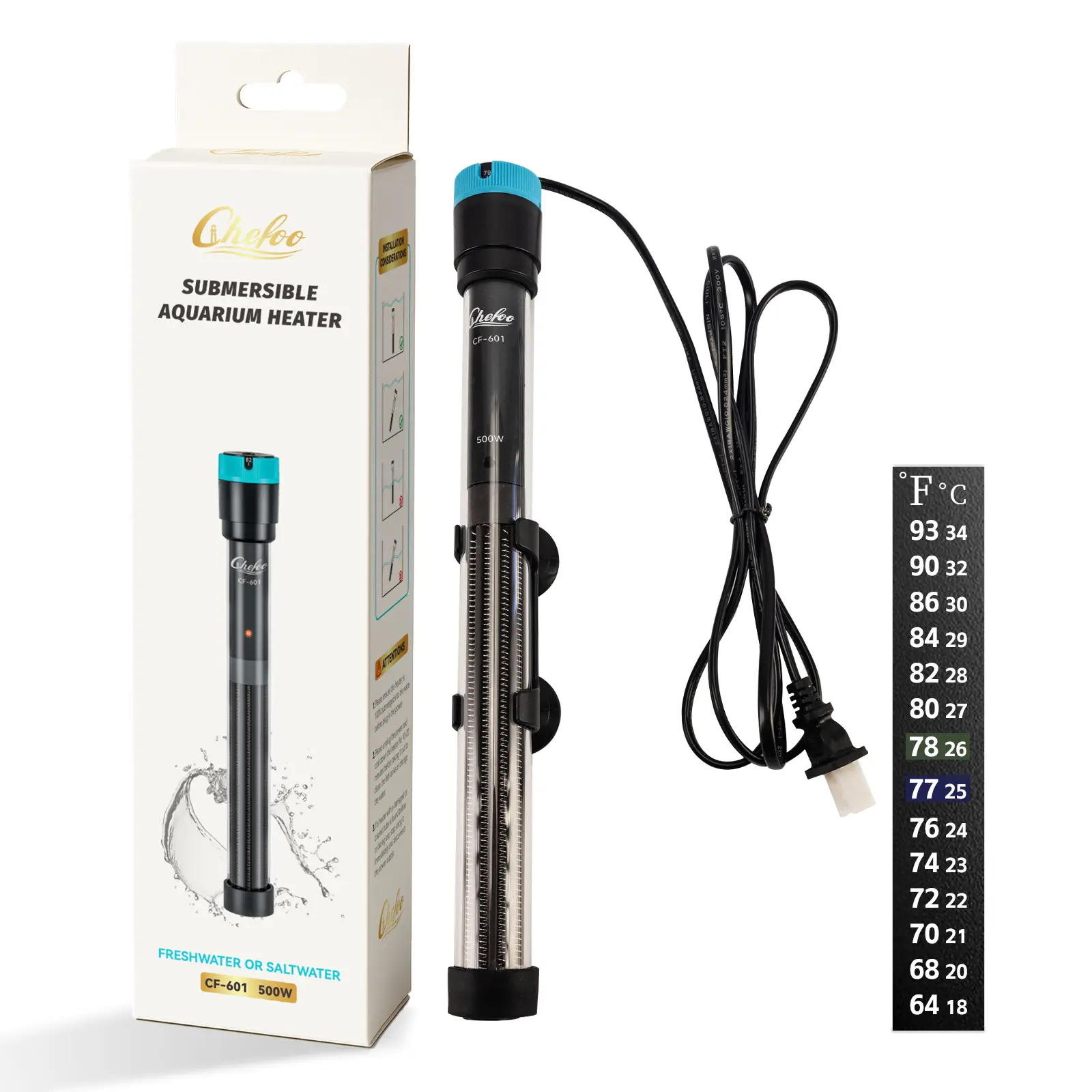Chefoo 110V Compact Size Quartz Glass Submersible Aquarium Heater - 100W-500W, 65℉-93℉ Temp Control, External Digital Display Ctrl, Overheat Protection, Accurate Water Sensor, Free Thermometer for 10-30 Gal Betta Tanks, Freshwater-Saltwater Tanks Safe, No