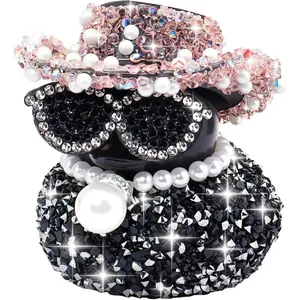 Rhinestones Rubber Duck Car Ornaments Funny Diamond Ducks Car Dashboard Decorations Duck Accessories with Shiny Cowboy Hat