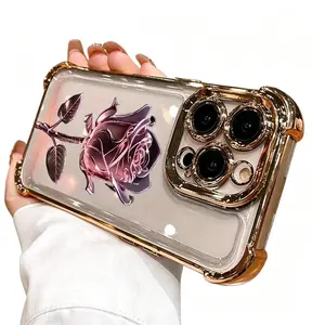 Pink rose electroplated pattern, drop-proof and non-slip TPU phone case, compatible with iPhone 17 Air, 16 Pro Max, 15 Plus, 14, 13, 12, 11.A unique phone case that can be given as a gift to boys or girls.iPhone Pro Max cases.