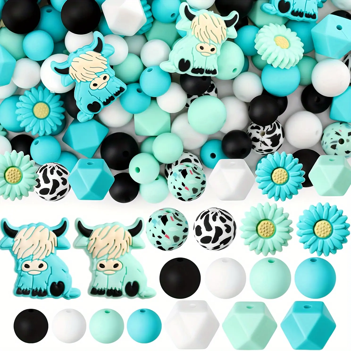 100-piece turquoise and pink wildflower silica bead set - DIY jewelry, necklaces, bracelets, keychains in animal and flower shapes