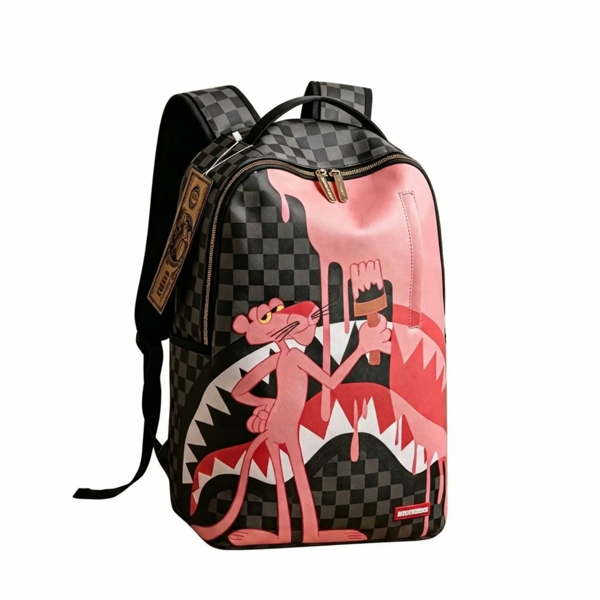 Pink Panther Pink Painter Backpack Checkered Shark Mouth Graphic School Bookbag Water Resistant Streetwear Laptop Bag