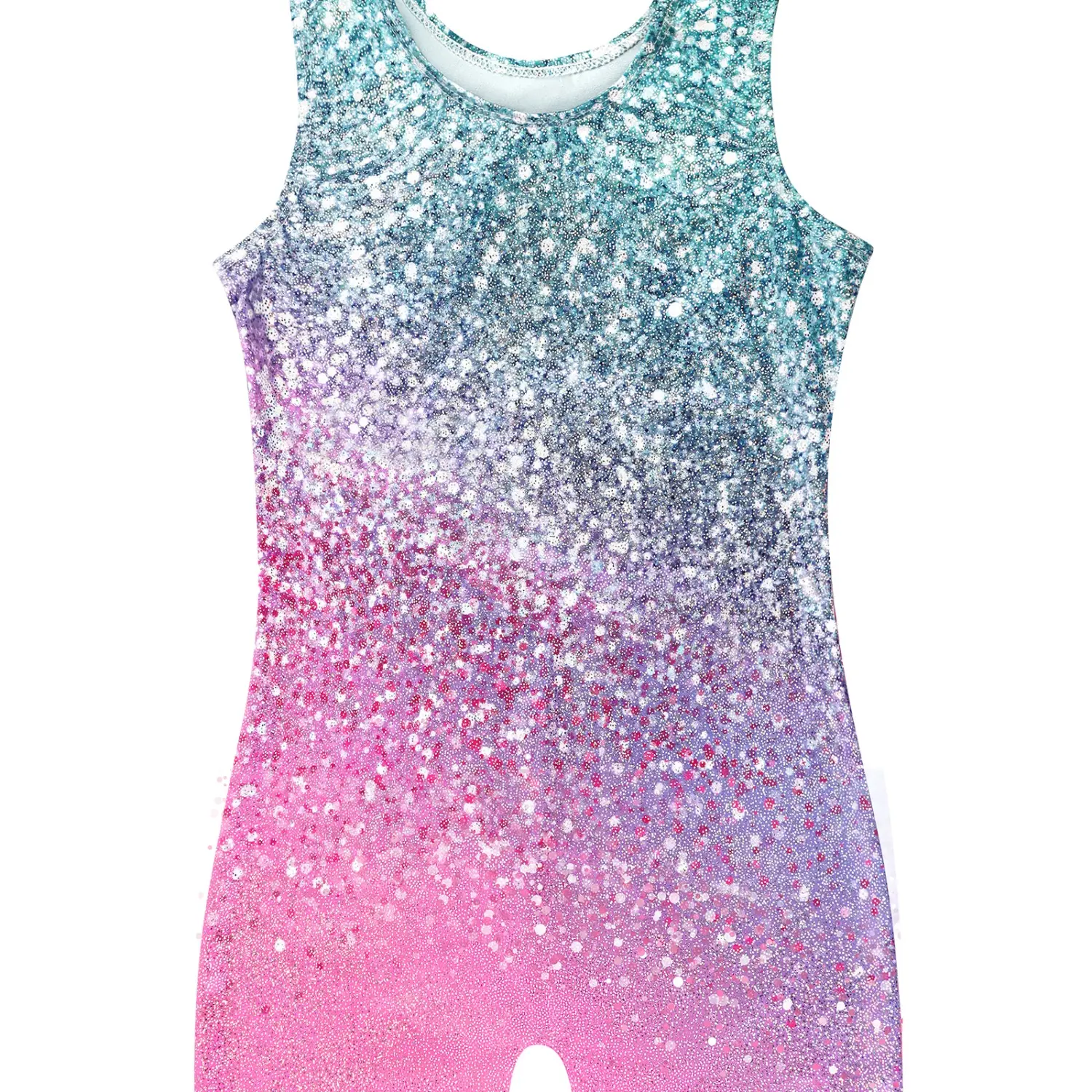 Girls' Sparkly Gymnastics Biketard, Sleeveless Unitard Bodysuit with Shiny Ombre Pattern for Dance & Tumbling, High Front Neck, Shiny Fabric, Sparkly Look, Wide Crotch, Cheerleading, Gymnastics Leotard, Athletic, Sparkly Gymnastics Leotard, Dance Training