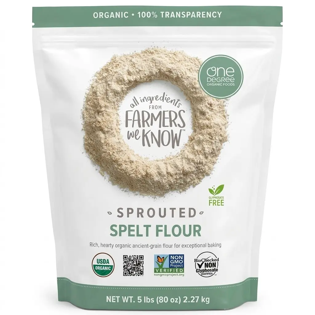 1 Degree Certified Organic Sprouted Spelt Whole Grain Baking Flour - Natural, High-Fiber, Non-GMO, Plain All-Purpose Flour (80 oz)