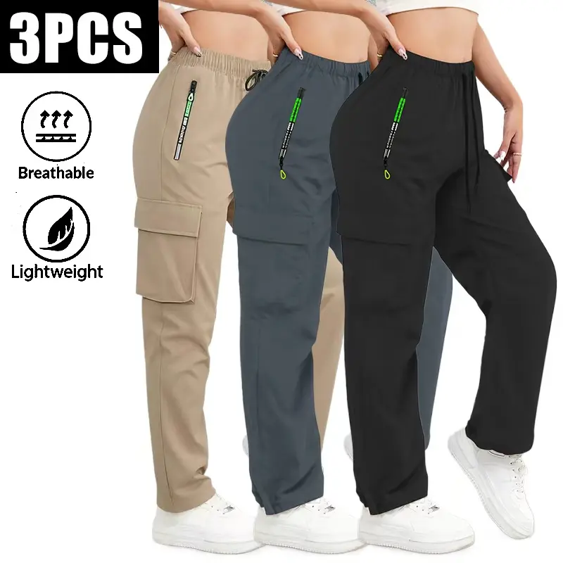 3-Pack Women’s Thick Work Pants — Full-zip cuffed pants with a drawstring waist and belt loop design, multi-pocket outdoor style (suitable for spring/autumn—casual dresswear and work use—compatible with zippered pockets and tool pockets—ideal for work and
