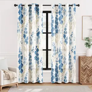2 panels Watercolor Blue Floral Print Light Filtering Curtains, Polyester Rings Top Drapes for Kitchen Living Room Bedroom Bathroom, Window Curtain