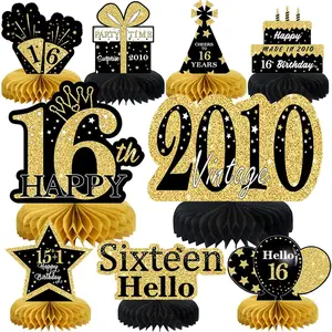 9Pcs Black Gold 16th Birthday Honeycomb Centerpieces for Boys Girls, Happy 16th Birthday Table Toppers Party Decorations Supplies 16th Table Sign Decor