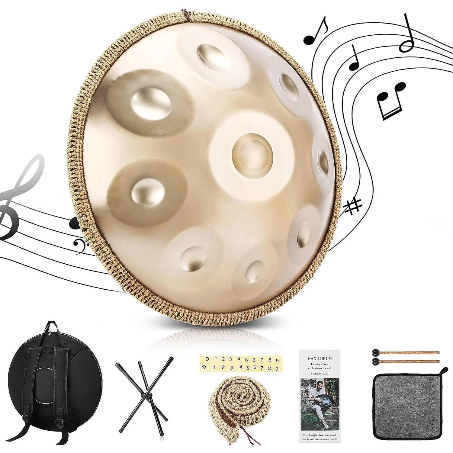 Handpan 22 Inches Drum Set, 440Hz 9 Notes Hand Drum Instrument, Premium Steel Hand Drum, Includes Carrying Case, Drumsticks, Spiral Wraps, Instruction Guide