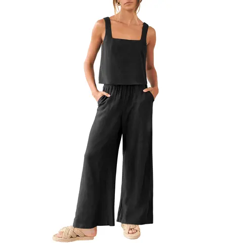 ANRABESS Women's 2 Piece Outfits Square Neck Linen Sleeveless Tank Crop Top Wide Leg Pants Matching Lounge Set Summer Tracksuit Casual Womenswear High Waist Elastic