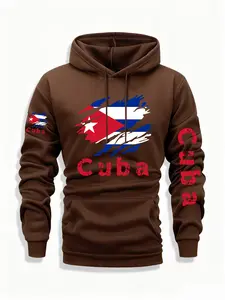Men's Cuba Print Zip Hoodie, Fall & Winter Casual Regular Fit Long Sleeve Hooded Sweatshirt, Fashion Daily Wear
