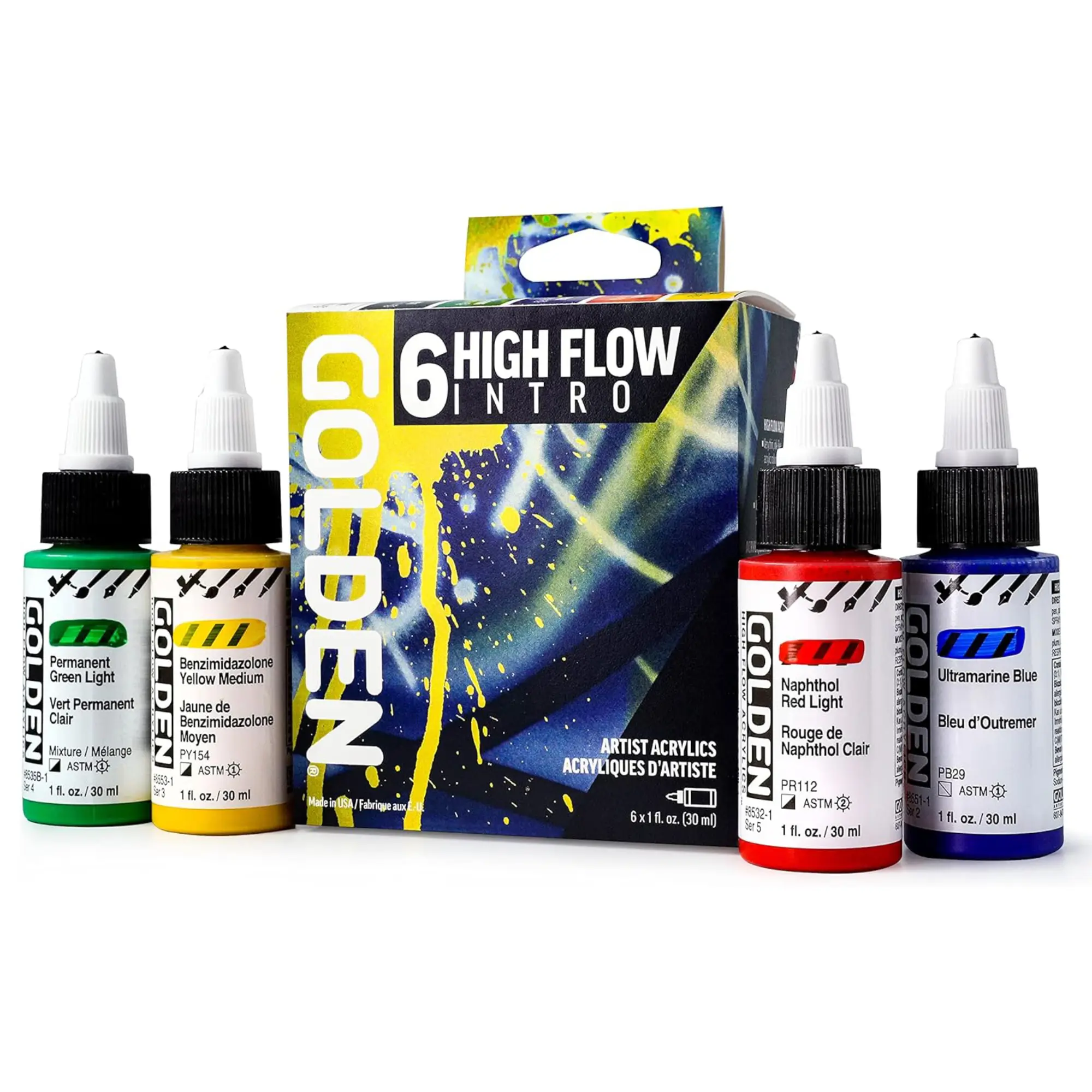 Golden High Flow Acrylics Intro Set, 6 Colors, Acrylic Paint for Airbrush, Drawing, Pouring, Calligraphy and More