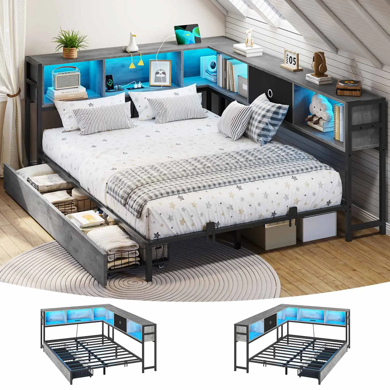 LED Daybed with Storage Drawers and Bookcase Headboard Oak Grey LED Daybed with Storage Drawers and Bookcase Headboard Oak Grey
