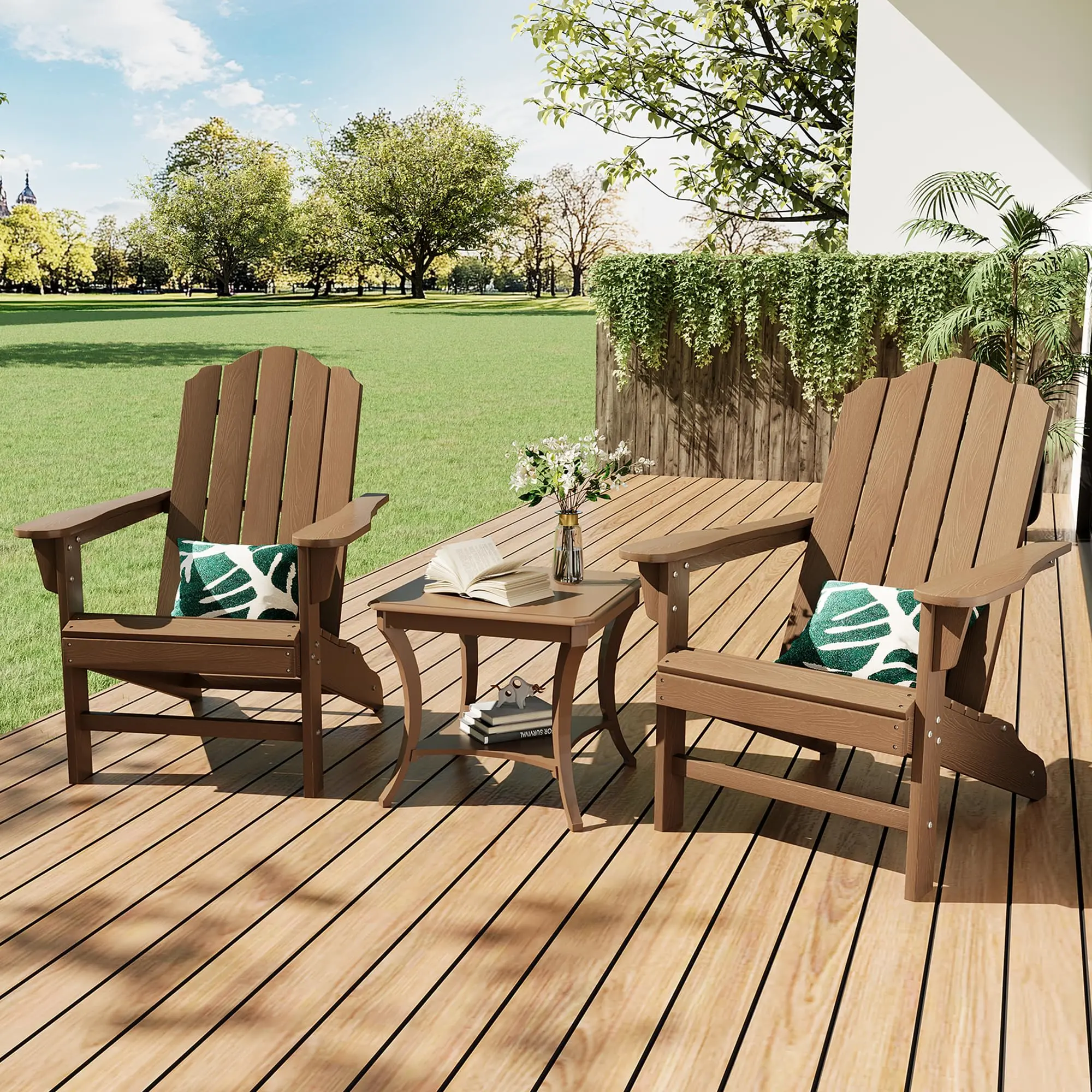 HDPE Adirondack Chair with Wood Texture, Weather Resistant Outdoor Lawn Chair, Patio Furniture for Garden Backyard Deck Poolside