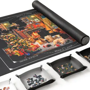 Ropoda 1500 Pieces 46" x 26" Puzzle Mat Roll Up with 4 Large Sorting Trays & Travel Storage Bag Portable Puzzle Keeper Black