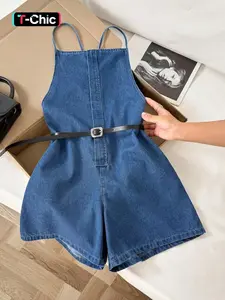 Elegant Backless Sleeveless Denim Overalls for Women, Tie-Waist Slimming Wide Leg Romper, Summer Casual Fashion One-Piece