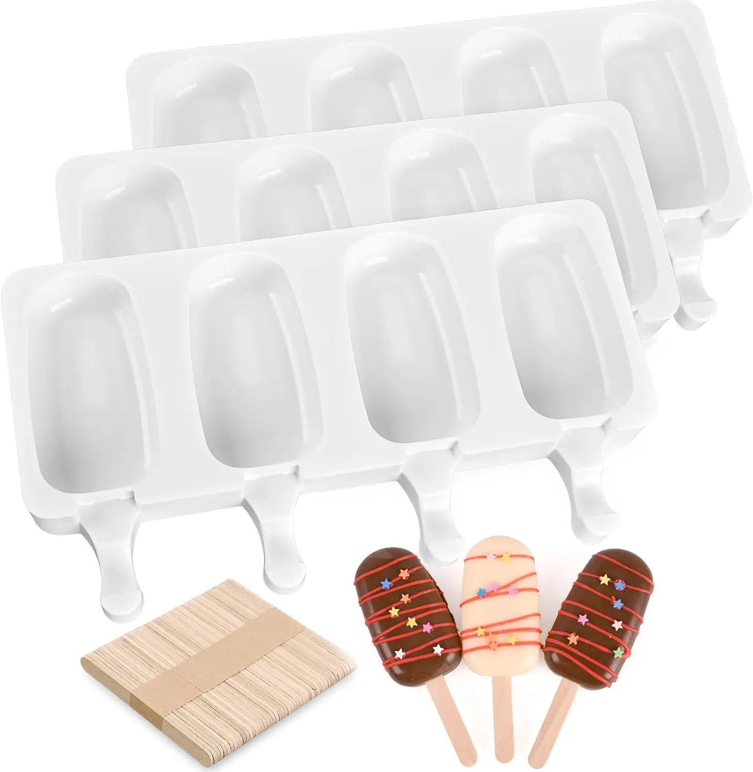Sakolla 3 Pack 4 Cavity Popsicle Silicone Molds with 100 Pcs Wooden Sticks | Food Grade Silicone, Easy to Use, Oval Popsicle Molds for Ice Pop, Cakesicles, Cake Pop, Ice Cream