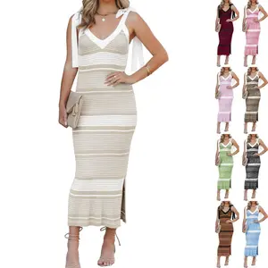 Goranbon Womens Summer Midi Bodycon Sweater Dress Sexy V Neck Tie Shoulder Striped Knit Side Slit Sleeveless Tank Dresses
