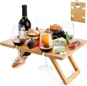 Portable Wine Picnic Table with 5 Wine Glasses Holder, Foldable Champagne Picnic Snack Table, Wine and Cheese Table for Picnic, Camping, Park, Beach, Wine Lover Gift