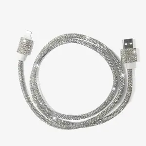 Diamond-studded dual Type-C data cable, supports 60W fast charging, compatible with Apple phones, iPads, and computers, features dual USB-C and Lightning connectors, suitable for car charging, 1-meter extra-long cable, silver finish. Fast Charger Aestheti