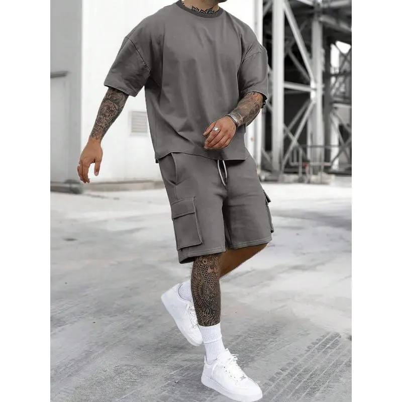 Men's Solid Color Tee & Drawstring Waist Shorts Loungewear Two-piece Set, Regular Fit Breathable and Soft Casual Comfy Round Neck Short Sleeve T-shirt & Pocket Shorts Pj Set, Men's Sleepwear for SummerGift