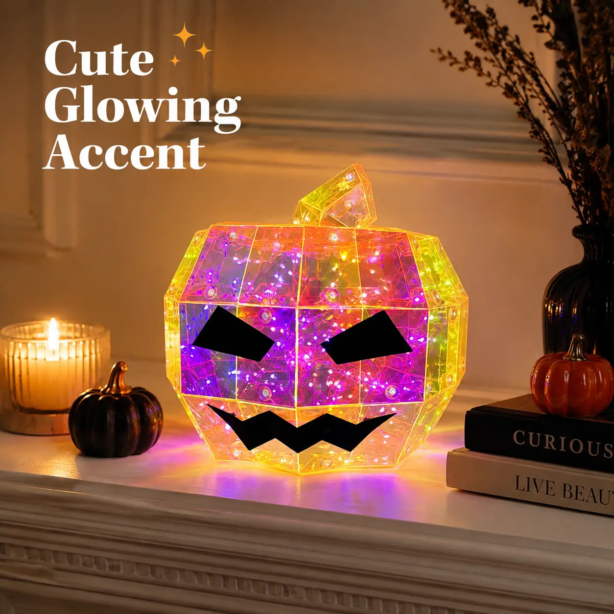 Color Changing LED Pumpkin Light Crystal Halloween Tabletop Decor for Bedroom Living Room Party and Holiday Decoration