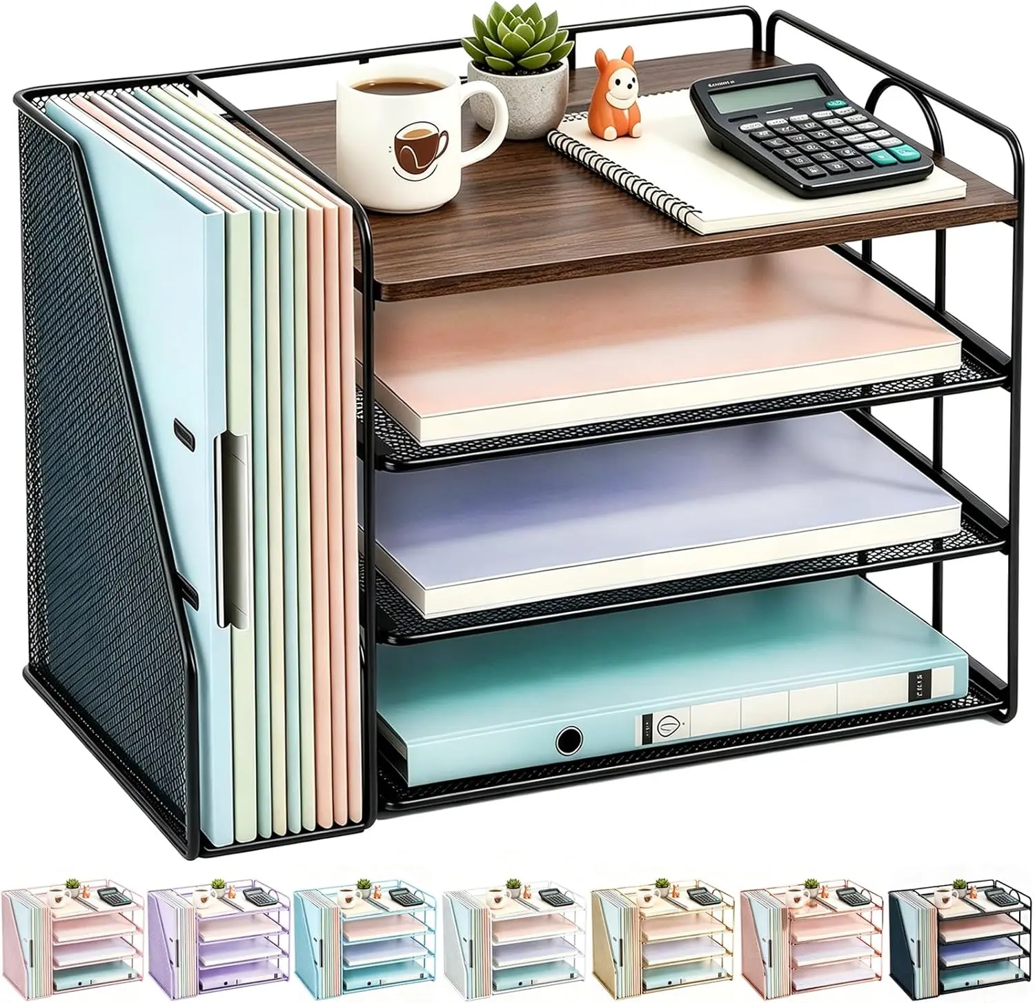 4-Tier Wooden Desk Paper Organizer with Magazine Holder for Office Files and Supplies