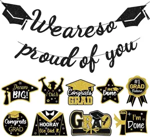 Graduation Decorations 2026 - Class of 2026 Party Supplies Kit with Pre-Strung Black and Gold Glitter "We Are so Proud of You" Banner & Congrats Grad Cutouts Signs for High School, College, Home & Car Pirekul