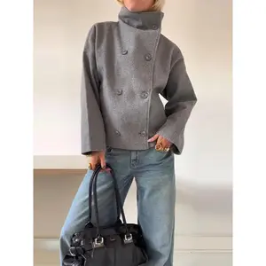 Women’s Solid Turtleneck Double-Breasted Pocket Coat, Casual Loose Fit, Long Sleeves — 2025 Autumn Office Lady Jacket, Compatible with Raincoat