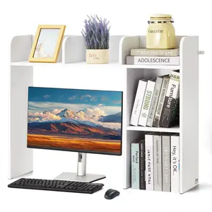 【fathersdaygift】VEVOR Desktop Bookshelf, 2-Tier Desktop Storage Organizer, 37.2" x 9.5" x 28.9" Office Storage Rack Wood Display Shelf, Desktop Bookshelf Hutch with Anti-Slip Feet Pads, for Office, Home & Dorm, White