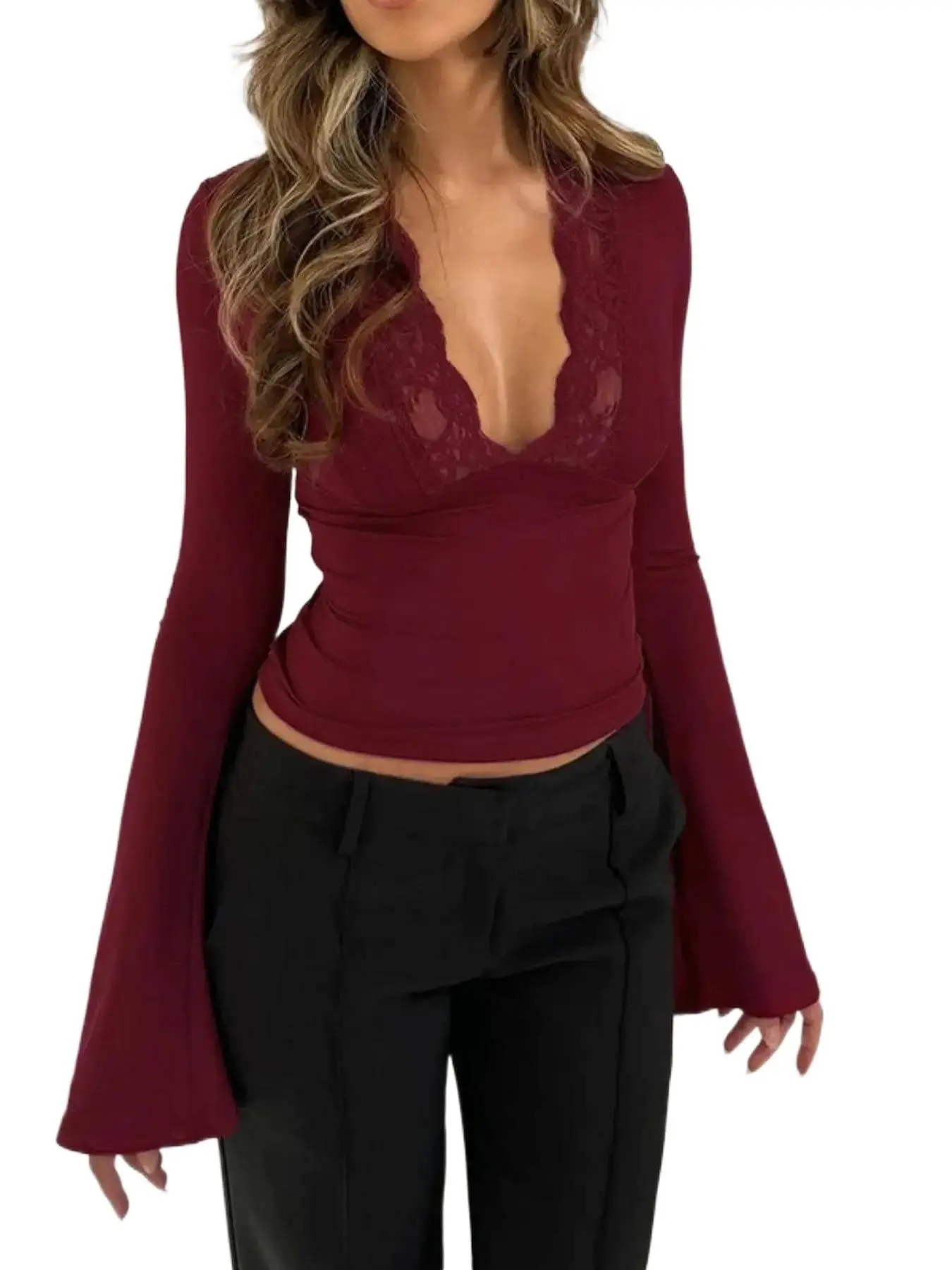 Women's Contrast Lace Plunge Neck Flounce Sleeve Fitted Tee Elegant Feminine Crop Blouse