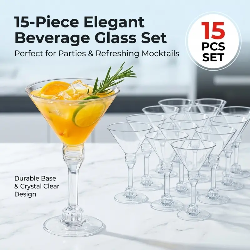 This 15-piece cocktail glass set, featuring clear stemmed glasses with decorative stems, is ideal for cocktails, desserts, and parties.