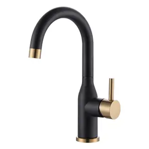 WOWOW Modern Black and Gold Single-Handle Stainless Steel Bar Sink Faucet - 1-Hole, 360-Degree Swivel Spout Mini Tap for Small Kitchens, RVs, Stainless Steel Faucet