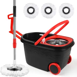 Spin Mop and Bucket with Wringer Set with 2X Round Wheels, Stainless Steel 360 Spinning Mop Bucket for Home Cleaning System Household Hand