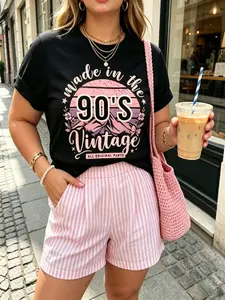 Short-sleeve T-shirt, American retro 90s style, pink-purple gradient sunset mountain "Made in the 90's" nostalgic print, unisex fit, perfect for vintage lovers and trendsetters in daily casual streetwear or nostalgic outfits