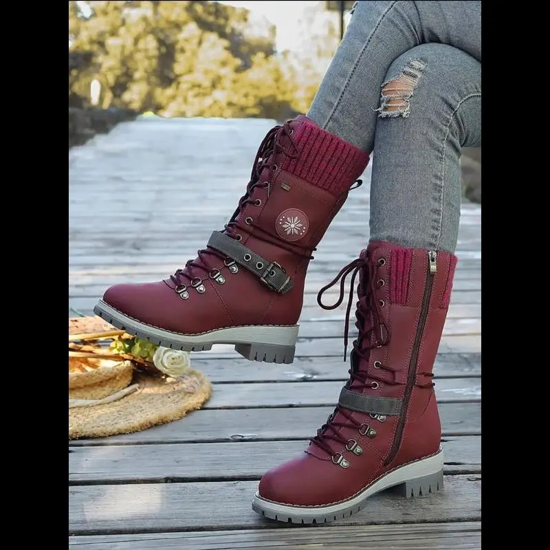 Women's PU Leather Combat Boots - Mid-Calf Height, Lace-Up Closure, Unisex Classic Knight Style, Knit Cuff, Round Toe, Rubber Sole (CN35-CN40)
