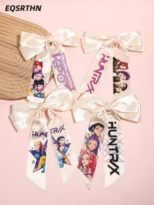 4pcsLarge Kpop Hair Bow with Girl Band Printed Ribbons | Comfortable Secure Clip | Versatile Design Hair Pin Set