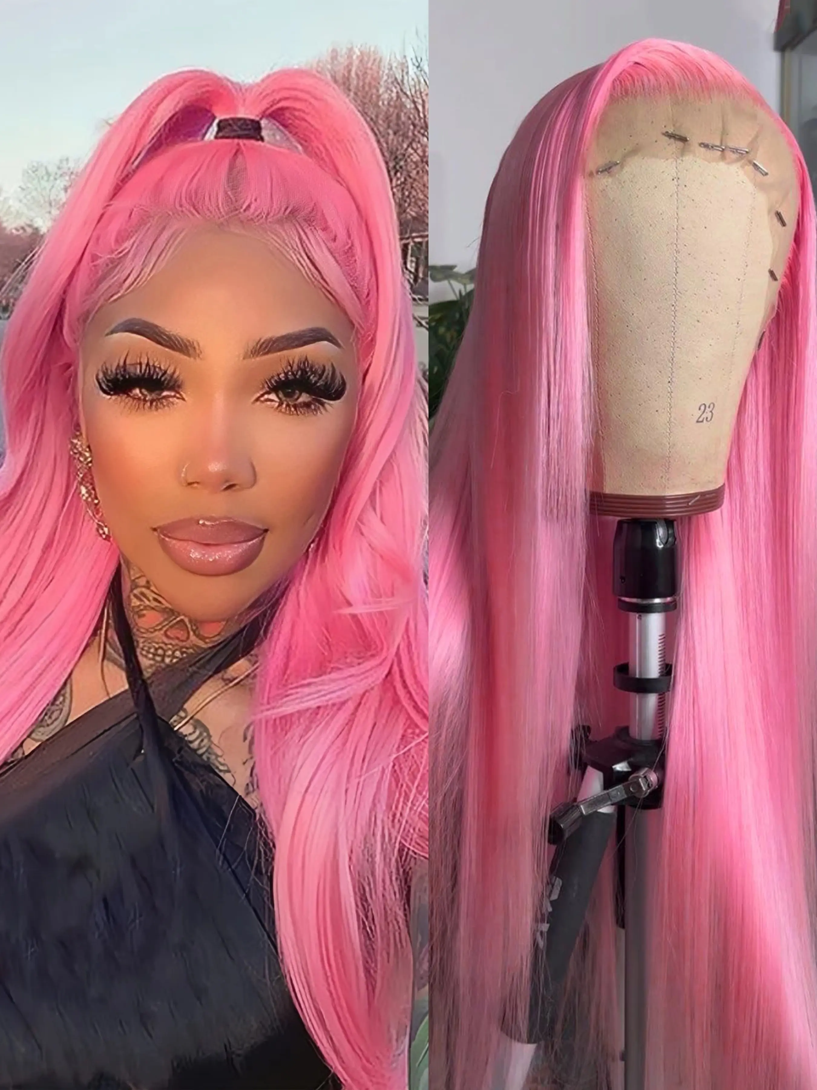 Pink Straight Long Hair Natural Hairline Heat Friendly Heat Resistant Synthetic Lace Front Wig Costume Wig for Women Man Wear Glueless Pink Fiber Hair Lace Wigs for Makeup Cosplay Christmas Use Synthetic Material Wigs