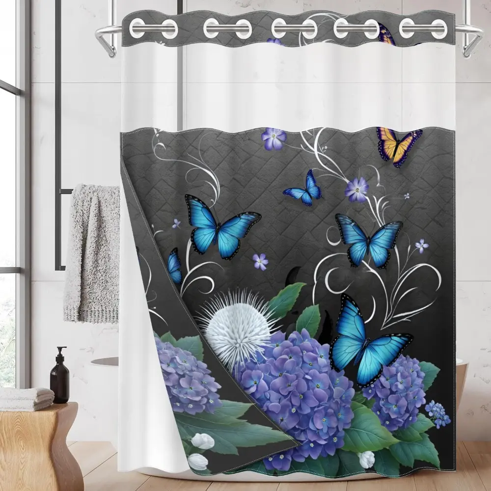 1pc hookless shower curtain with buckle lining, Aesthetic shower curtain, spring purple and blue floral and butterfly design, 2D flat printing, fabric waterproof lining, see-through double-layer shower curtain, 71 x 74 inches, modern home curtain