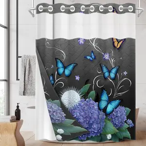 1pc hookless shower curtain with buckle lining, spring purple and blue floral and blue butterfly design, 2D flat printing, fabric waterproof lining, see-through double-layer shower curtain, 71 x 74 inches, modern home draping curtain, Bathroom Curtain