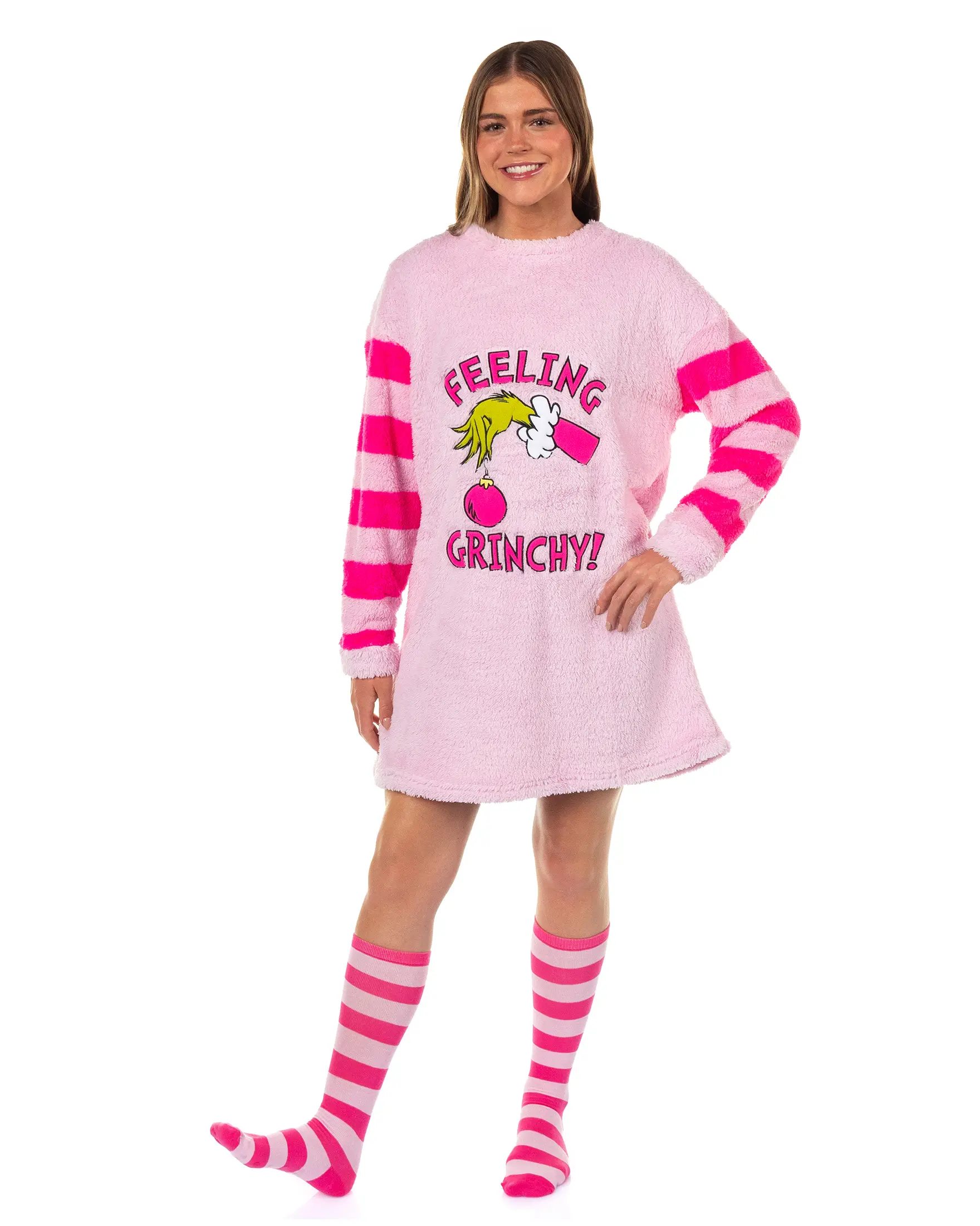 Dr. Seuss The Grinch Women's Pajama Feeling Grinchy Pullover Fleece Sleepshirt With Knee High Socks Set, Stripe, Embroidery, Pajama Set, Long Sleeve, Casual, Nightwear, Light, Mirror, Everyday, Fabric, Matching, Graphic, Coordinate, Pieces