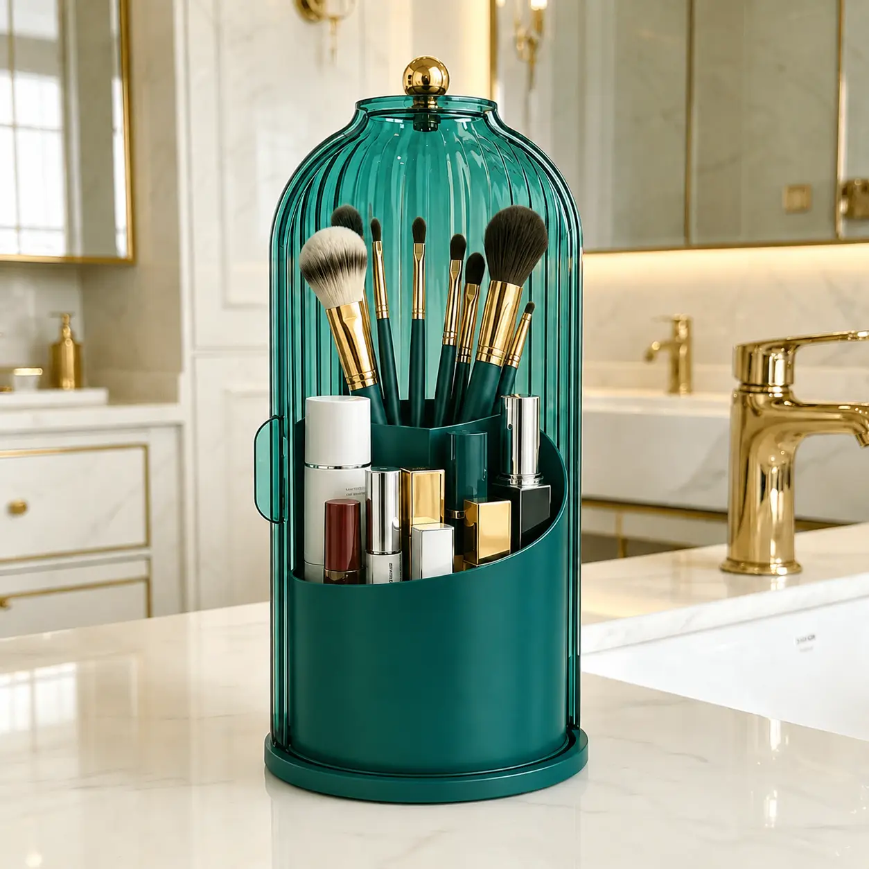 Matte Black 360° Rotatable Ribbed ABS Plastic Bell Jar Vanity Caddy, 180° Flip Gold Knob Lid, Waterproof Dustproof Rotating Toothbrush Holders, Non-Slip Base, 10.62in Height, for Apartment Bathroom Small Space Housewarming Gift, 10.62 Inches Height