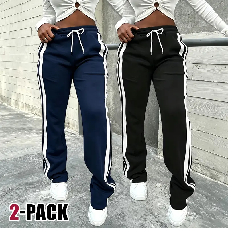 2-pack — women’s retro side-striped athletic pants, casual women’s pants with an elastic waistband and straight legs, suitable for outdoor streetwear and workouts
